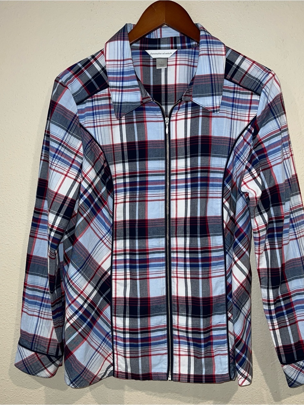 Christopher & Banks blue, red, and white plaid zip-front shirt jacket size Large
